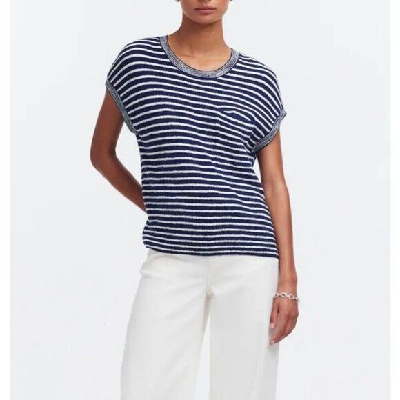 SOLD MADEWELL Sweater Womens Small Ribbed Pocket Knit Tee NEW Navy Stripe NL197 - Picture 1 of 10